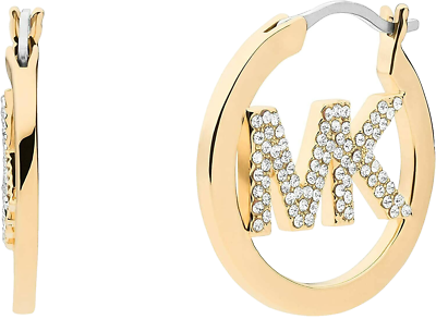 特売り!Michael Kors Small Double Hoop Crystal Earrings NEW MICHAEL KORS GOLD TONE,MK CRYSTALS LOGO OPEN HOOP