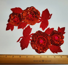 NOS 2 PC Lot Bright Red Sequins Beaded Flower...
