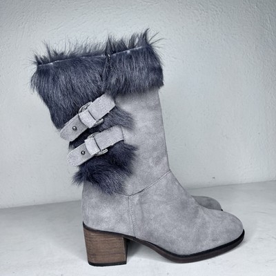 Bearpaw Boots Madeline Women's Heeled Goat Fur Fleece Lined Buckle Gray Size 8
