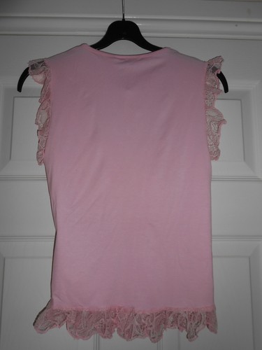 Pink Sleeveless T-shirt with Lace Trimming, Sweetheart Neckline, Size 10 - Picture 4 of 7