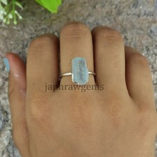 Natural Raw Aquamarine Sterling Silver Healing Crystal Midi Bezel Ring Jewelry