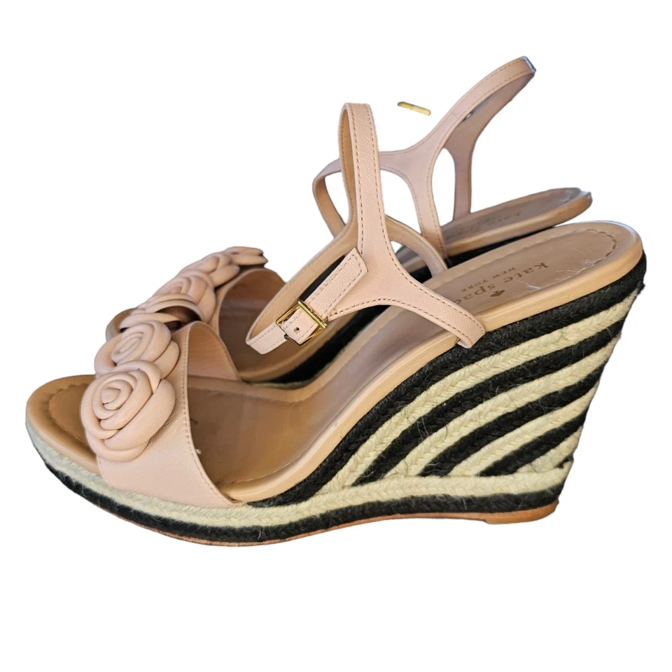 Kate Spade Jill Rosa Puff Cuero Roseta Negro Blanco Tejido Rafia Cuñas Talla 10 Foto 3 de 4