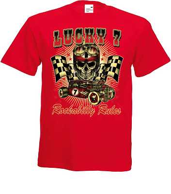 T Shirt rot Hot Rod-,US Car& `50 Stylemotiv Modell Lucky 7 Rockabilly Rules
