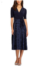Tea-Length Lace & Jersey Cocktail Dress with Full Rosette Lace Skirt Tie Belt