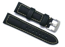 22mm Black HQ Crazy Horse Oily Leather Beige Stitching Watch Strap Silver Buckle