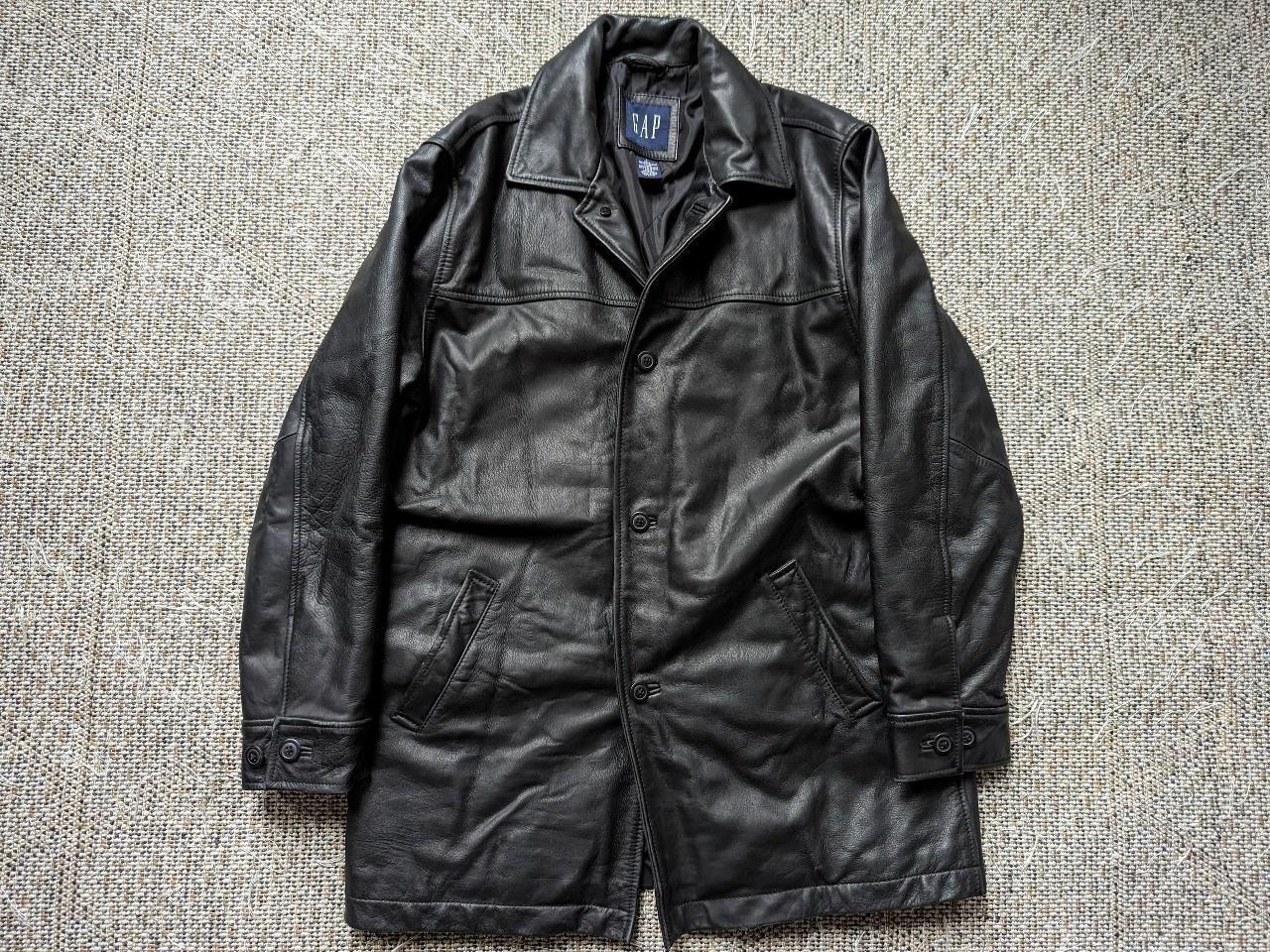 vintage 1990s car coat GAP black L leather jacket… - image 1