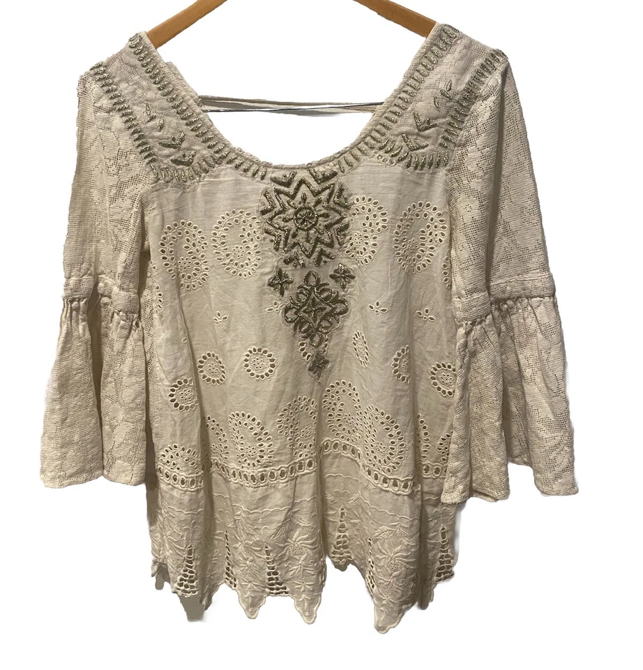 Free People Rare Blouse embroidered crochet lace Linen blend Boho Peasant Sz S