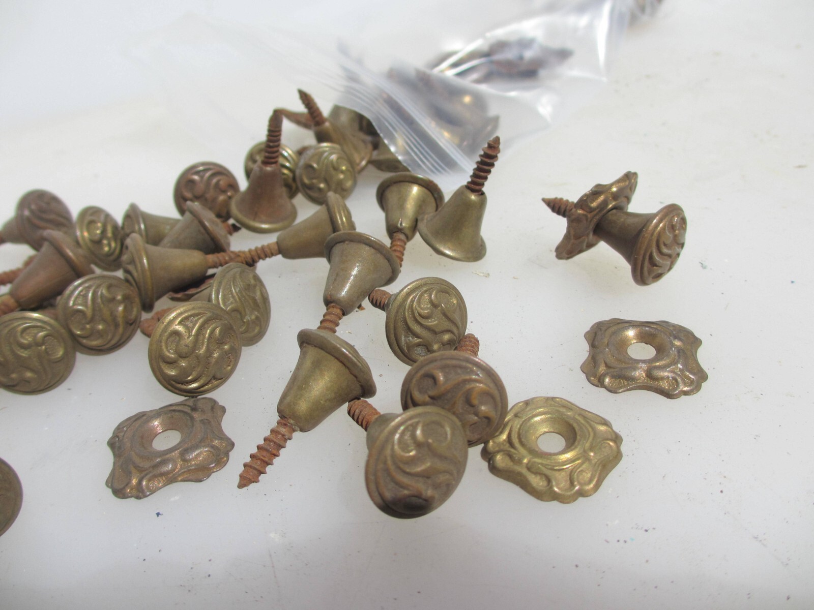 Small Vintage Iron Knob Drawer Handle Pull Plate Old Brass