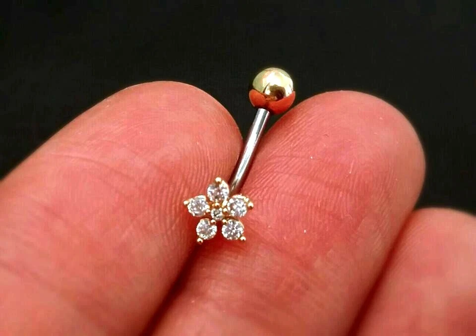 14K REAL SOLID YELLOW GOLD MOON AND STAR BELLY BUTTON RING PIERCING | eBay