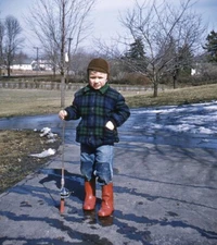 Vintage Stereo Realist Photo 3D Slide WINTER Boy w Fishing Pole on Driveway