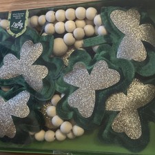 Lucky Lane 6ft Garland - Shamrocks Green Clover Gold Wood Beads St Patrick  s Day