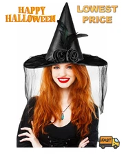 Halloween Witch Hat with One-Side Veil Wicked Style Cosplay Party Girls Women