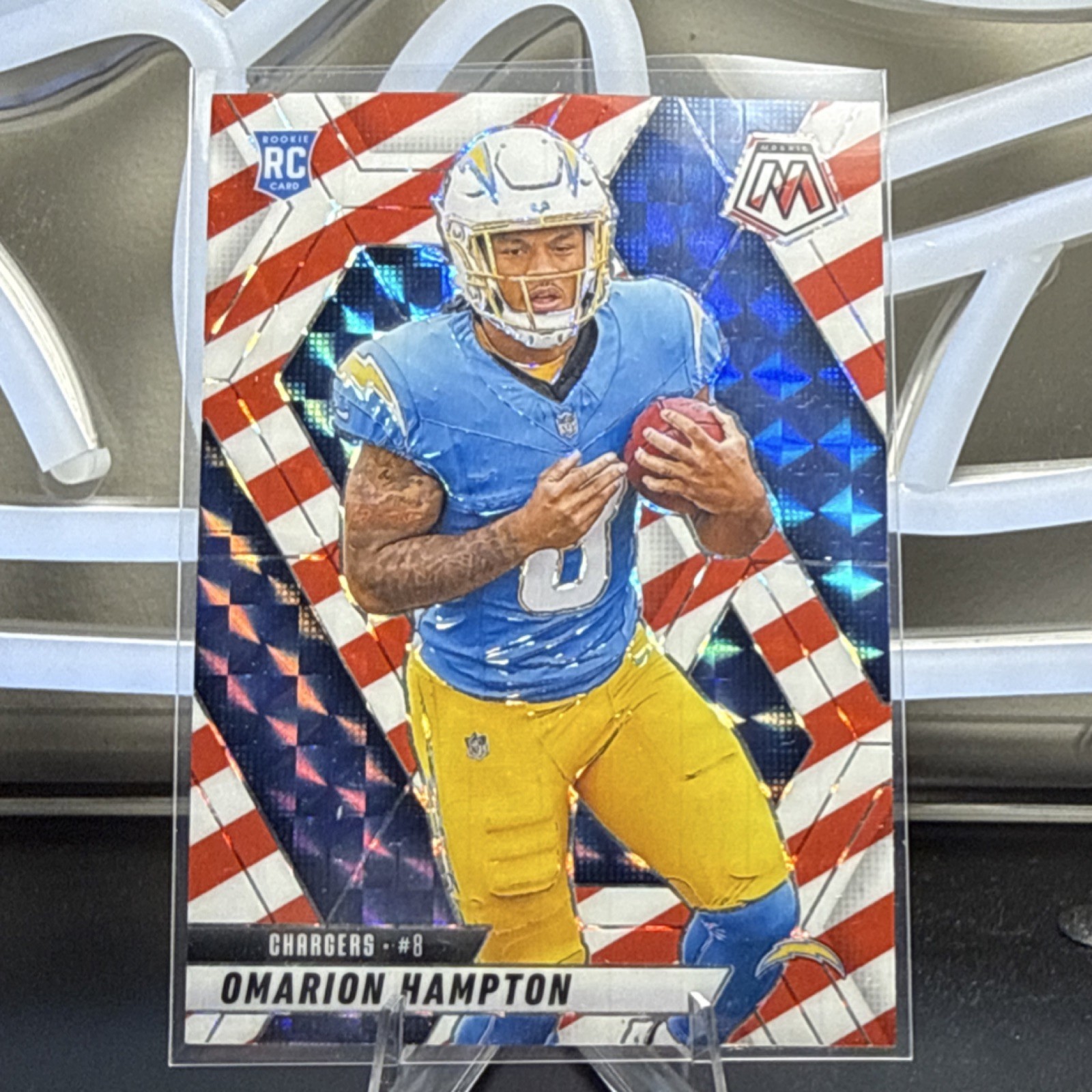 Panini Mosaic 2025 Omarion Hampton Red & White Stripe Prizm #335 Chargers NFL