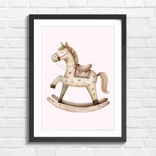 Whimsical Wooden Rocking Horse Original Framed Wall Art Print Large Picture Home