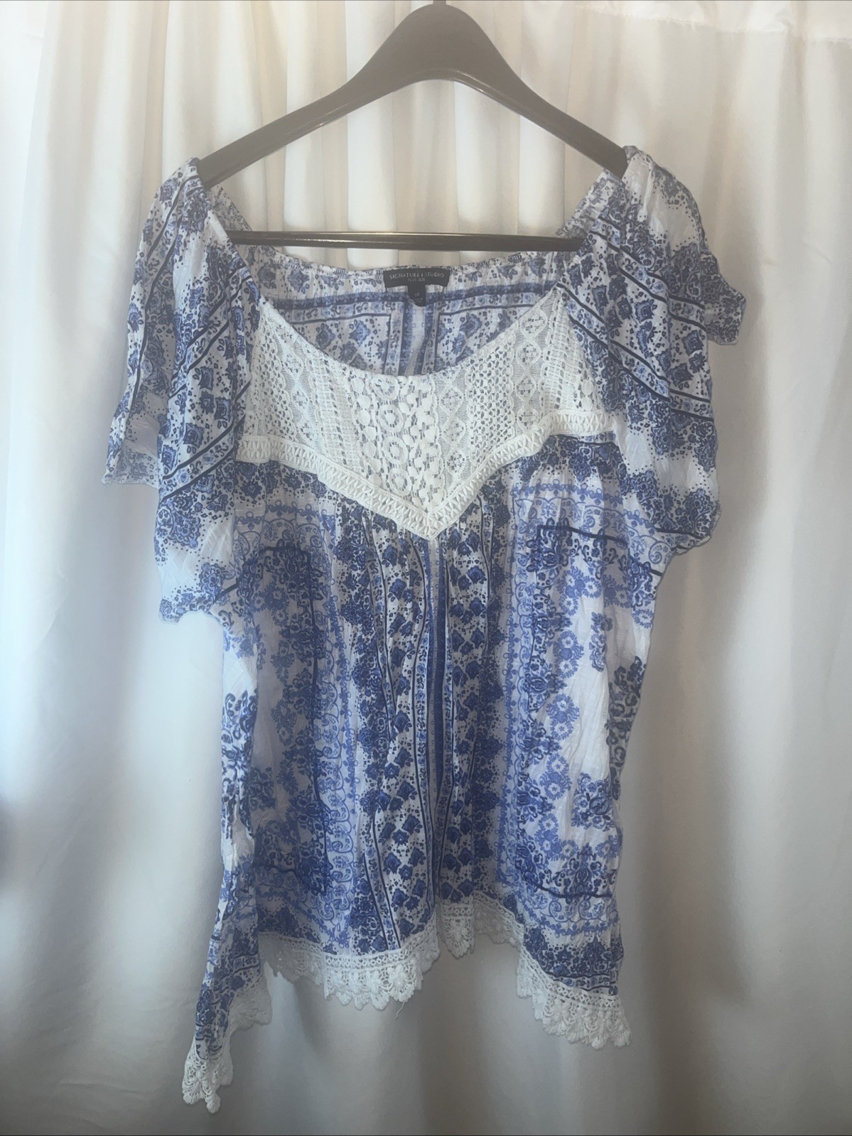 Signature I Studio Blue White Paisley Print Peasant Women’s Plus Blouse Size 3X