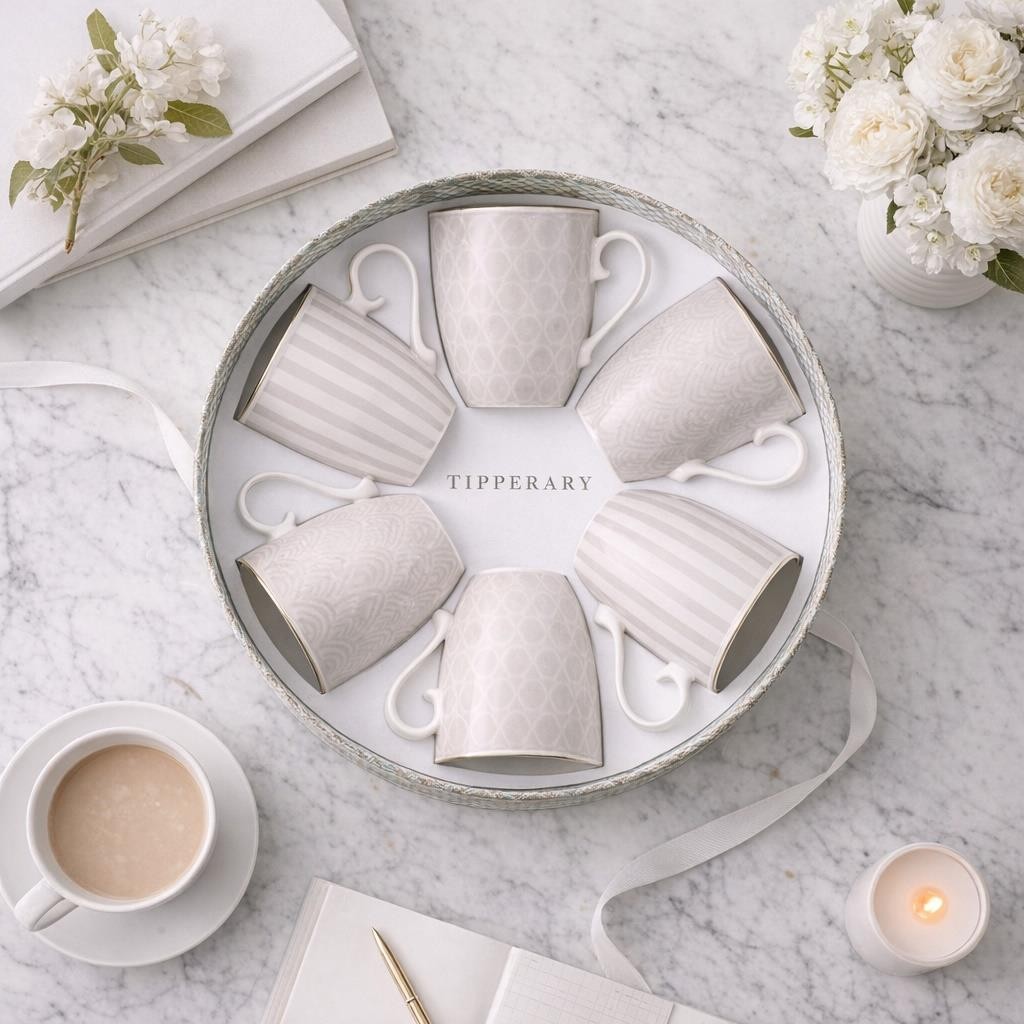 Grey Mug Gift Set 6pcs Striped Bone China Tea Coffee Cups Hat Box New Home
