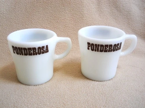 2  Vintage Pyrex Ponderosa Steak House Milk Glass Mugs