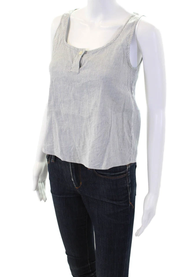 Camiseta sin mangas Theory para mujer de lino a rayas con cuello en V azul talla P Foto 2 de 4