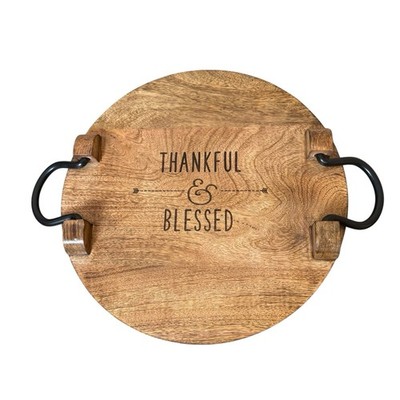 Thirty-One Close To Home Wood Serving Tray Iron Handles Thankful & Blessed 14''