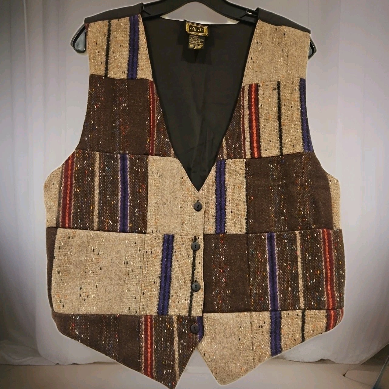 Vintage Patchwork Button Down Vest Medium Wool Tw… - image 1