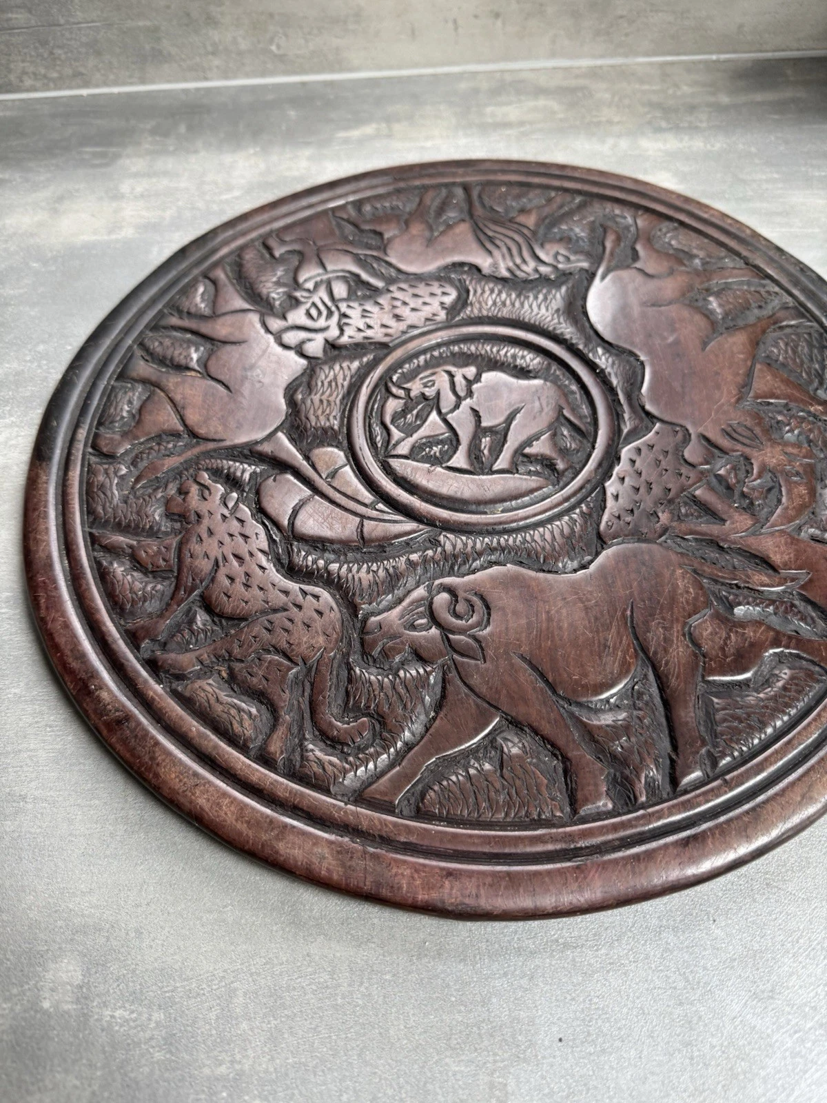 African Hand Carved Wooden Decorative Plate/Platter Double Sided Safari Animals 2