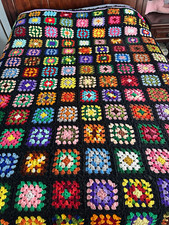 Handmade Crochet Granny Square Blanket Multicolor Black Border 80 x 88 Rosanne