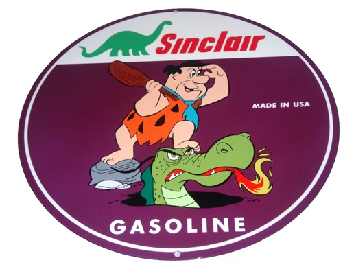 VINTAGE SINCLAIR DINO DINOSAUR GASOLINE & FRED FLINTSTONE 12" METAL GAS OIL SIGN