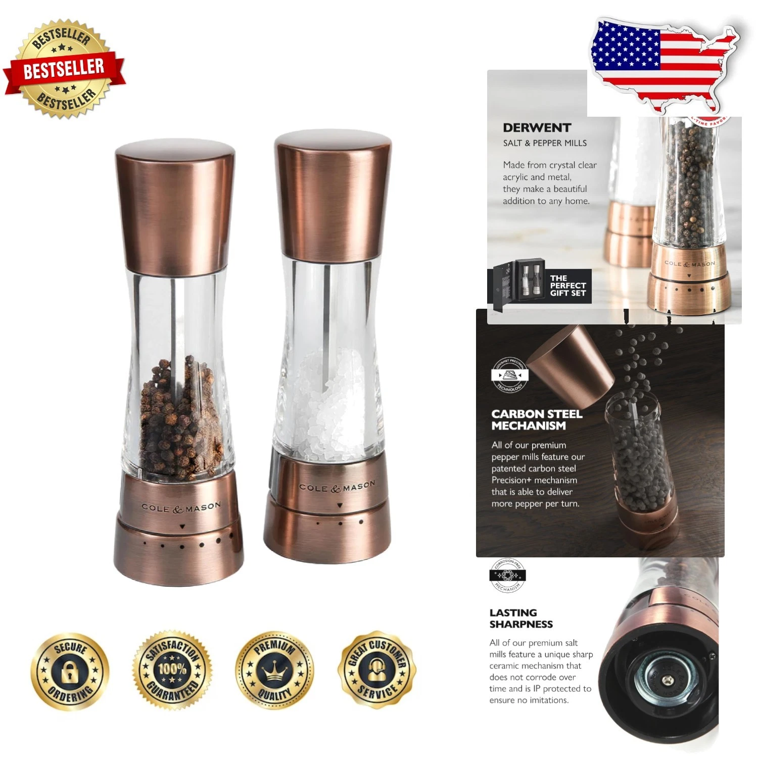 Luxury Derwent Copper Salt & Pepper Grinders - Adjustable Precision Mechanisms