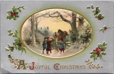 c1910s "A JOYFUL CHRISTMAS" Embossed Postcard Winter Horse Scene, on Real Silk