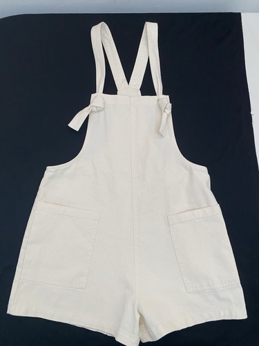 Miou Muse White Denim Overall Romper Shorts Buckle Straps Pockets XS
