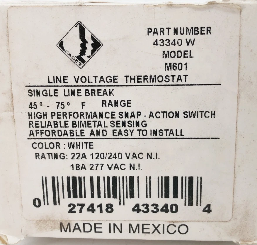 New Cadet 43340 W Line Voltage Thermostat Model M601 120/240/277V 1 Pole White - Image 2 of 4