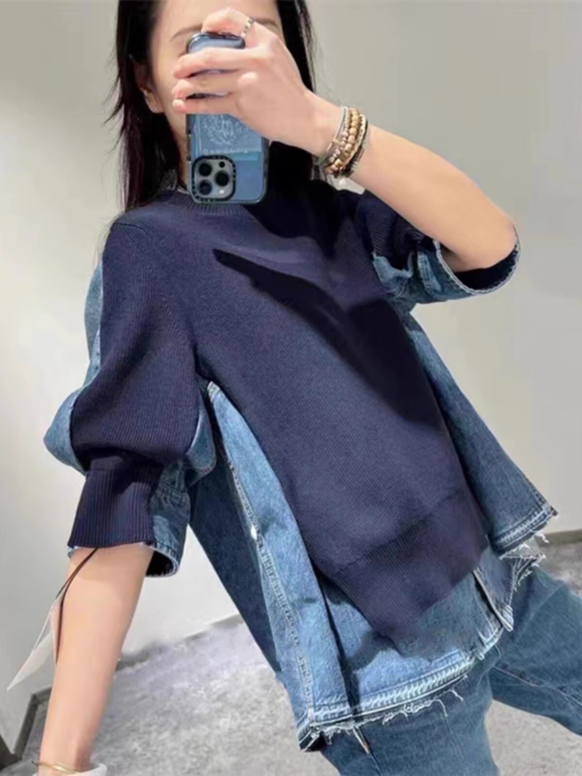 Lady New Sacai Luck Knitted Sweater Denim Patchwork Short Sleeved Top