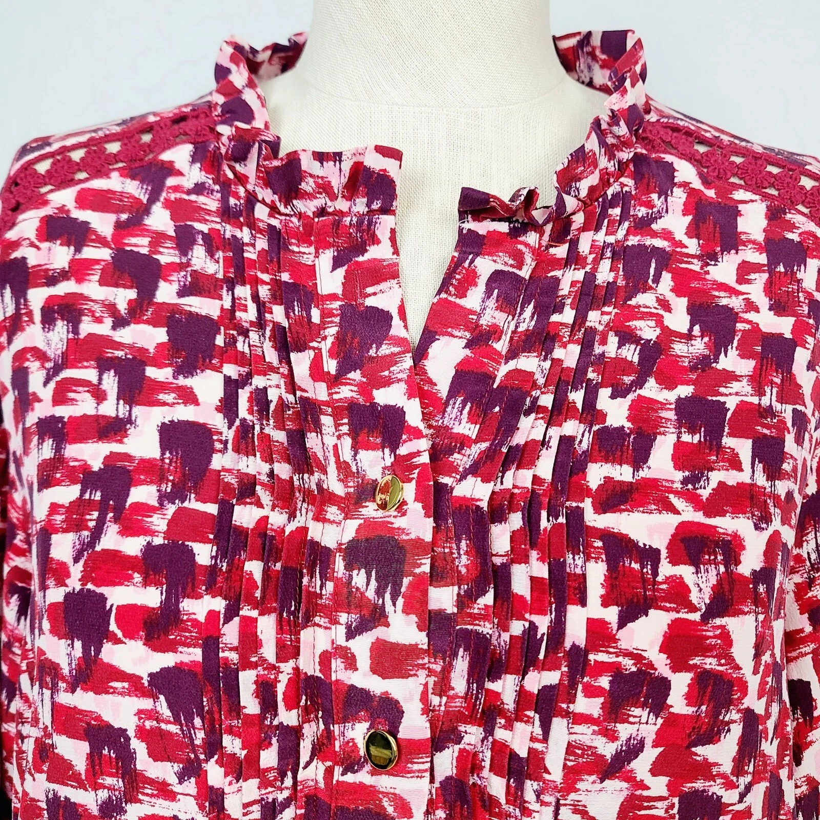 Abito Kate Spade L rosso 100% seta con bottoni manica lunga pintuck shift dress