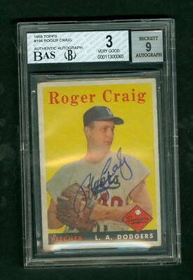 Roger Craig Autographed 1958 Topps Card #194 LA Dodgers Beckett 3 VG Auto 9