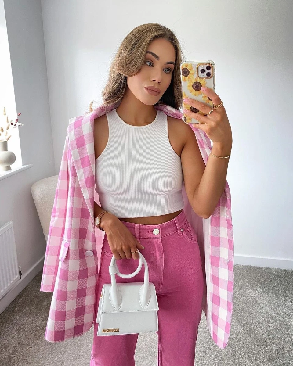Cute It Girl Pink Plaid Two Piece Set Vintage Street Office Blazer