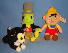Disney Plush Pinocchio sitting-Animated Classic-Figaro Cat-Jiminy Cricket-LOT-3