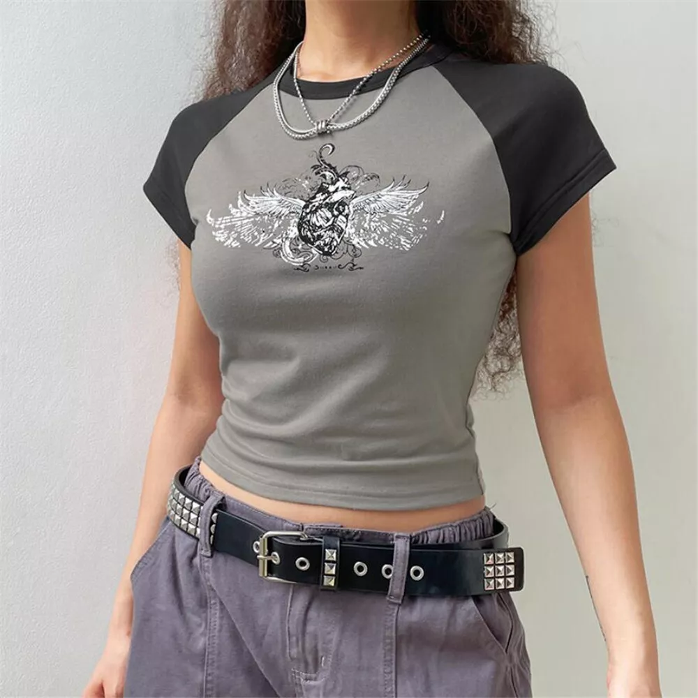 Women Y2k Tee Fairy Grunge Wings Short Sleeves Crop Tops T-Shirts Streetwear