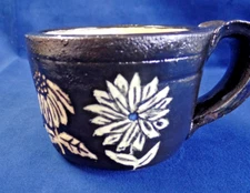 Small Hand Crafted Studio Pottery Black & Cream Mug Floral Initialed