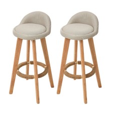 Set of 2 Kitchen Bar Stools with Back Linen Seat Wood Leg Counter Height Chairs