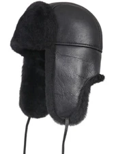 Aviator Trapper Ushanka Leather Shearling Sheepskin Fur Hat - Solid Black