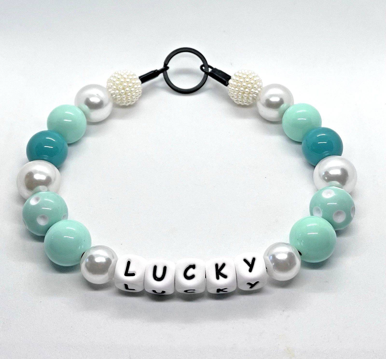 PASTEL GREEN PEARL SPOT Bespoke Personalised Beaded Dog Pet Collar M