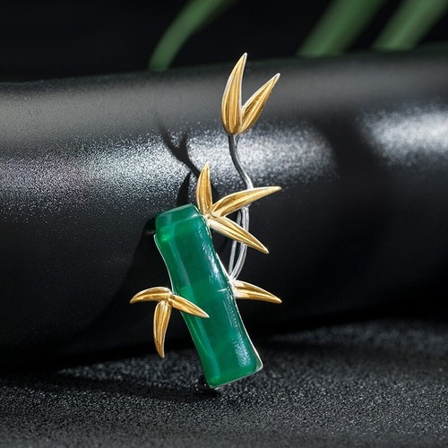 I04 Spilla Bambù Verde Calcedonio Argento Sterling 925 Parti Placcato Oro - Foto 2 di 7