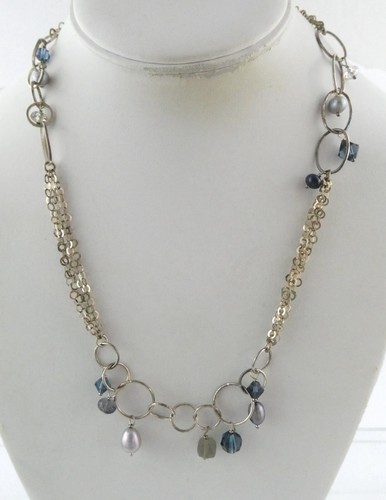Sterling Silver Pearl Labradorite and Beaded Multi Chain Necklace 925 19 Inches