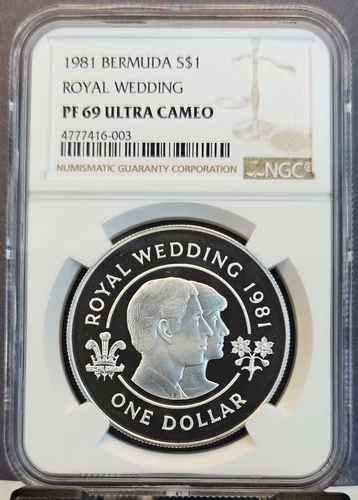 1981 BERMUDA SILVER 1 DOLLAR S$1 ROYAL WEDDING NGC PF 69 ULTRA CAMEO TOP POP