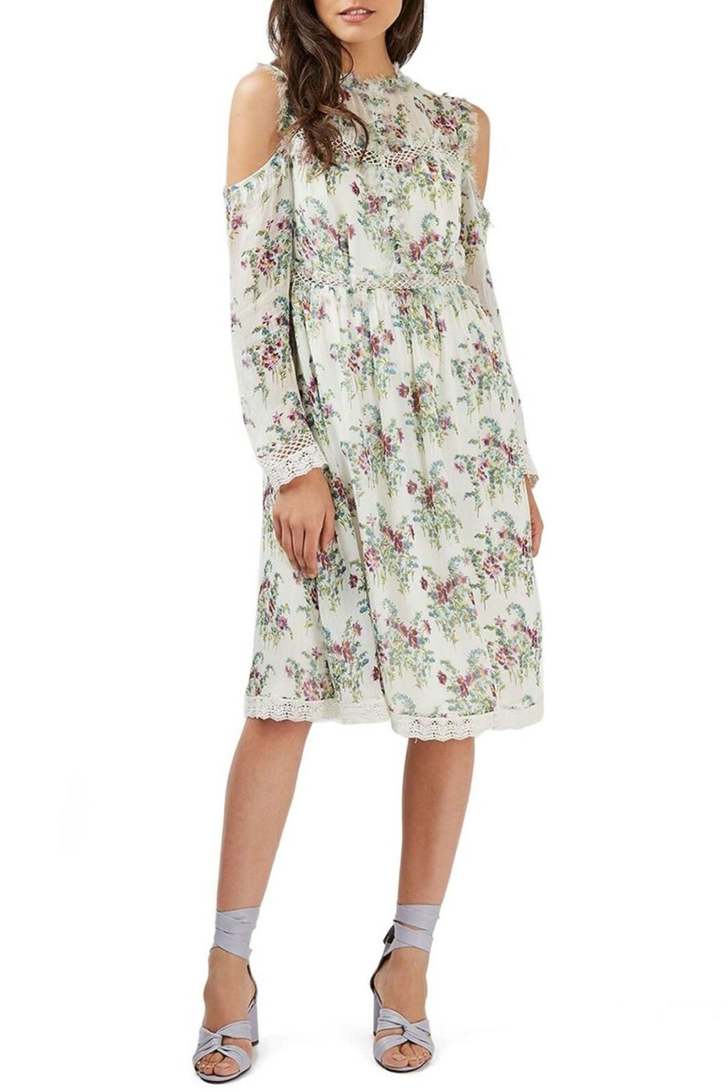 topshop cream floral dress Topshop White Cream Wrap Floral Cold Shoulder Midi
