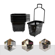 6pc Rolling Shopping Baskets W/wheel Plastic Rolling Shopping Market Basket 35l