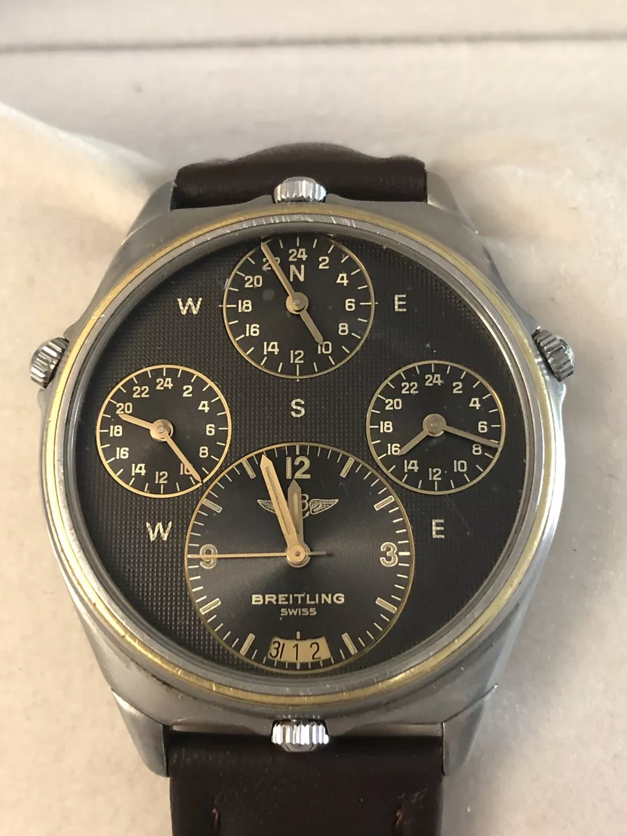 Rare Breitling 18K SS World Time Pilots Watch Vintage Men s Watch 4 Time Zones