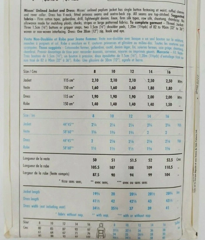 Style 1009 Misses Peplum jacket Dress Sewing Pattern Size 12 Vintage 2 lengths - Image 3 of 3
