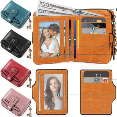 Small Wallets w/ Chain Women Leather Bifold Zipper Coin Pocket RFID Blk Sleeves