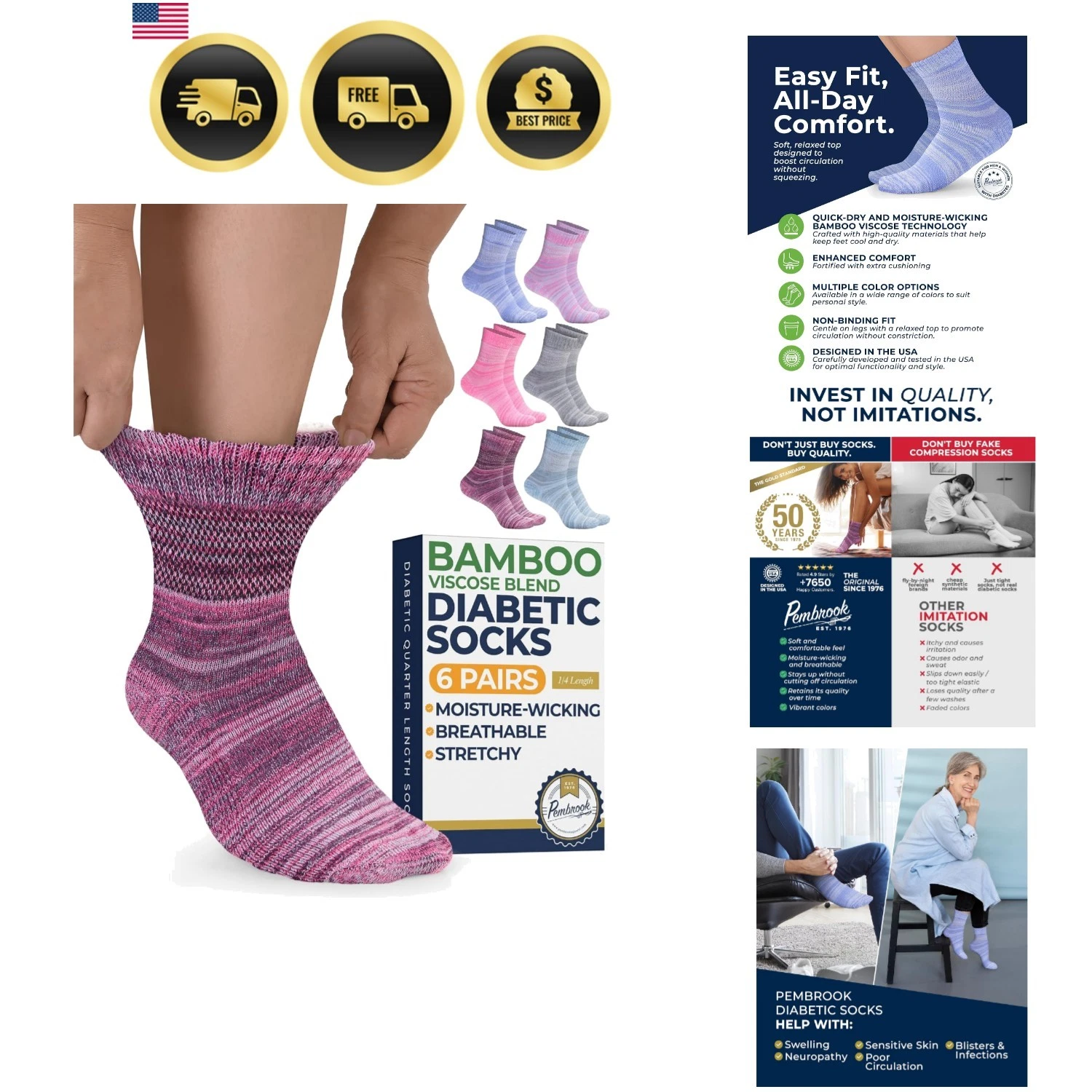 Bamboo Viscose Diabetic Socks for Women & Men - 6 Pairs Ankle Socks for Swoll...